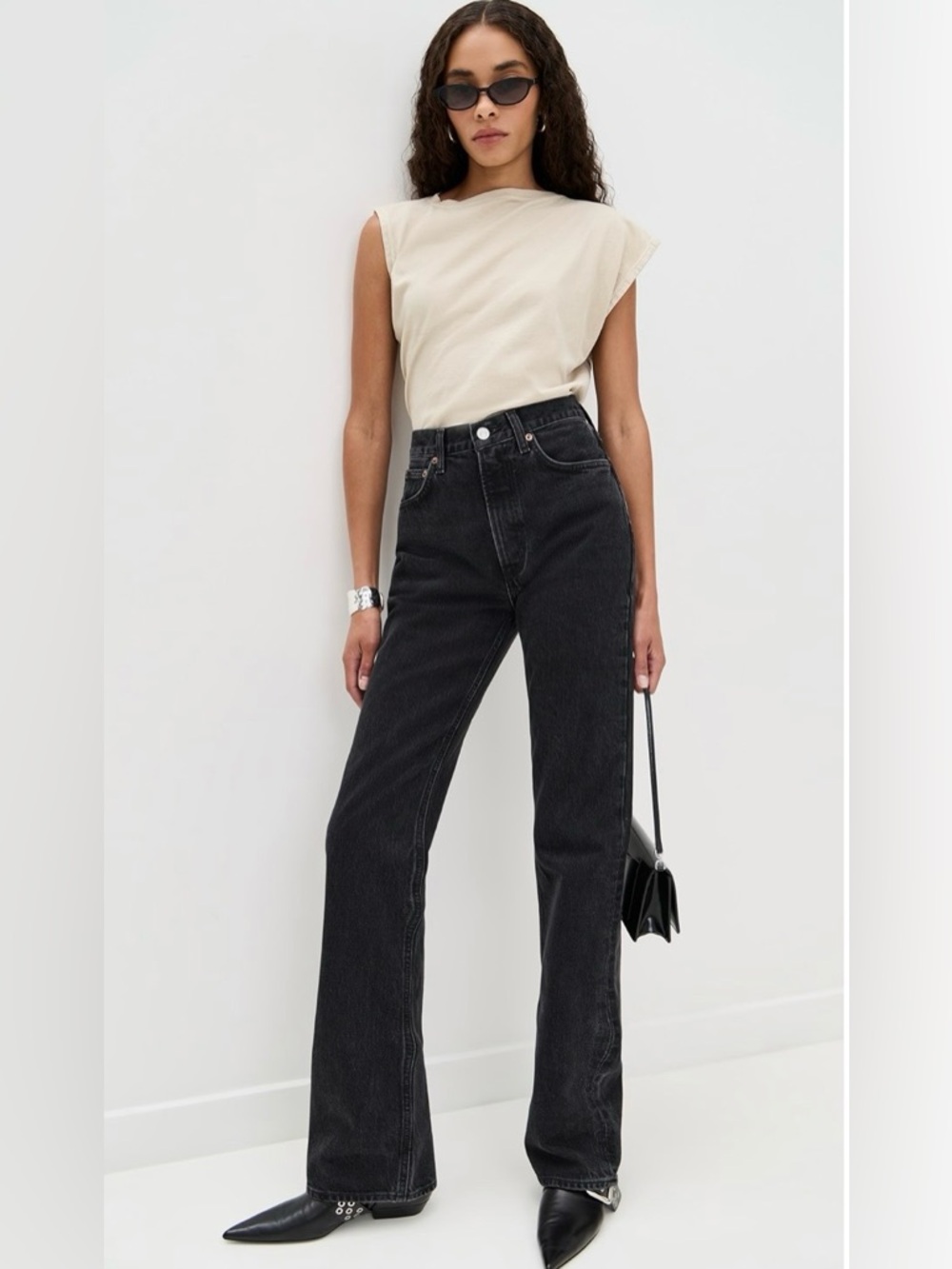 NWT Agolde Leena Mid Rise Baby Flare Jeans Forecast Black